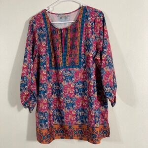 Established 1962 Tunic Top Womens XL Pink Blue Floral Boho 3/4 Sleeve